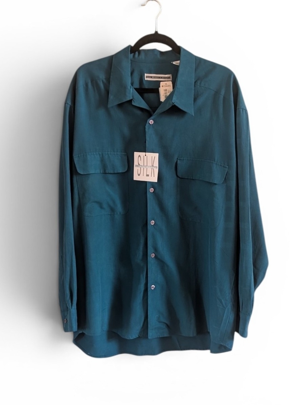 VTG Fenn Wright & Mason 100% Silk Long Sleeve Mens L Shirt Teal Green NWT